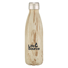 Wood tone hot/cold drink bottle with light brown wood swirl and vacuum lid to keep drinks cold or hot all day