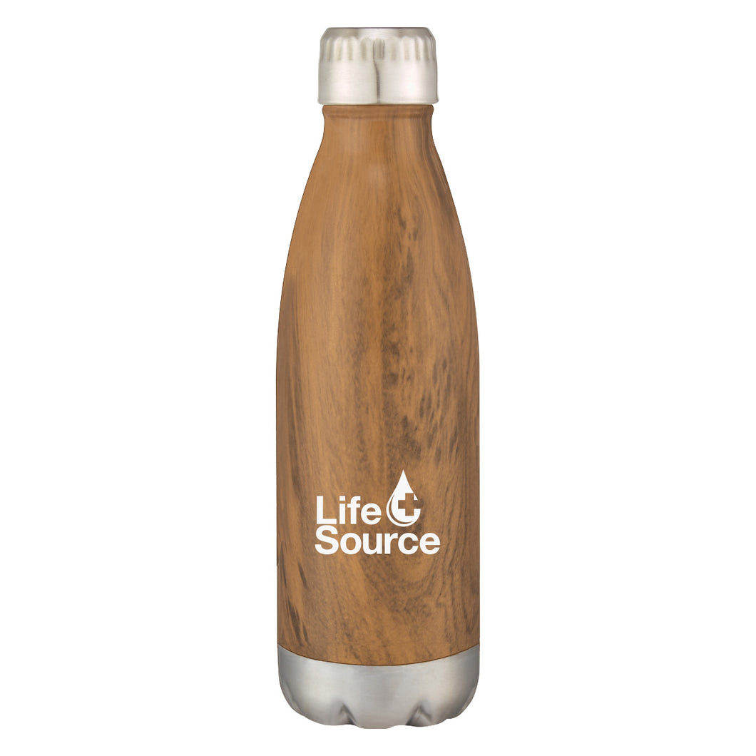 Wood tone hot/cold drink bottle with dark brown wood swirl and vacuum lid to keep drinks cold or hot all day